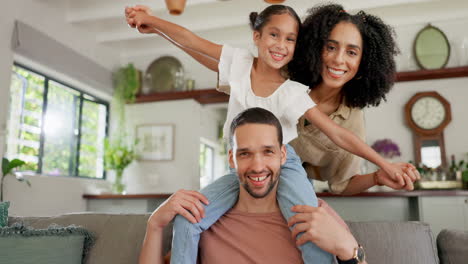 happy, plane and relax family on sofa for playful