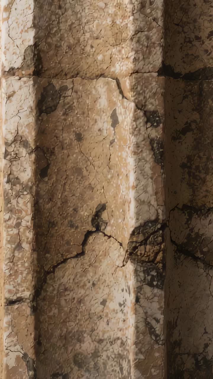 Vertical video: Panning camera scanning rib at interior, showing recessed groove, cracks and stains