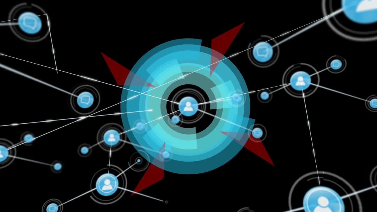 animación de la red de conexiones con iconos sobre el escaneo de alcance sobre fondo negro