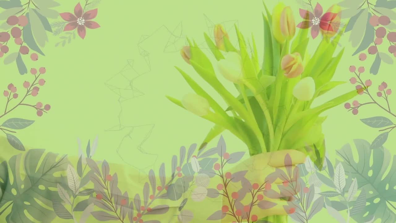video compuesto de patrones decorativos florales contra la mano que sostiene un ramo de flores