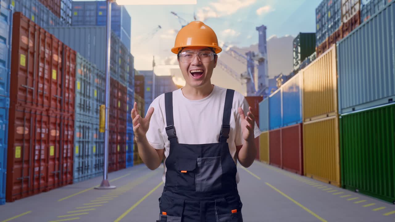 Asian Man Worker Wearing Goggles And Safety Helmet Smiling And Saying Wow While Standing At Container Yard Warehouse