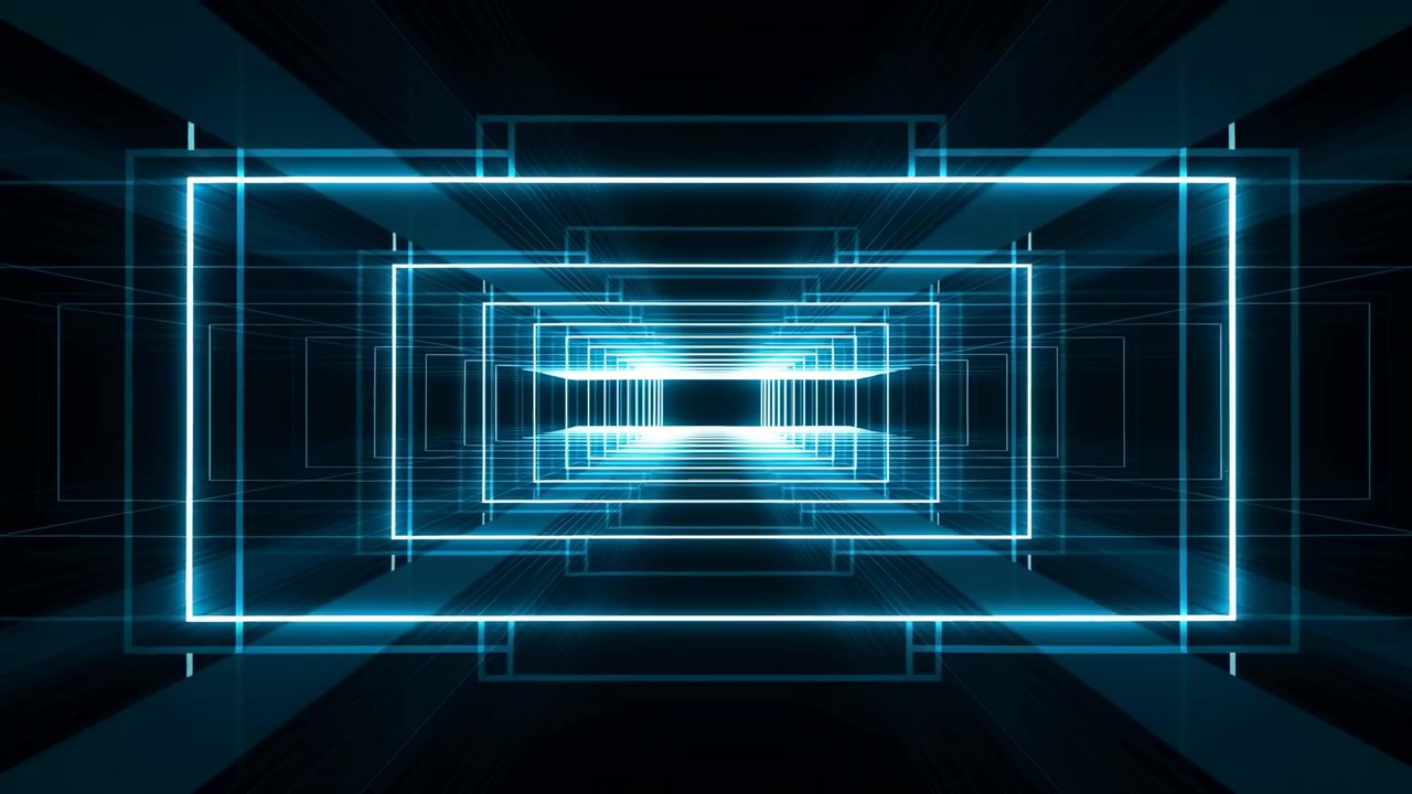 Stacked glowing blue rectangles form deep tunnel with bright central opening, reflective surfaces, crisp geometry, and strong perspective lines, dark surroundings heighten futuristic digital mood