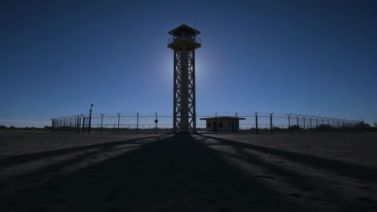 Sole che si muove dietro un'alta torre di avvistamento a traliccio, la torre proietta una lunga ombra su un complesso sabbioso recintato