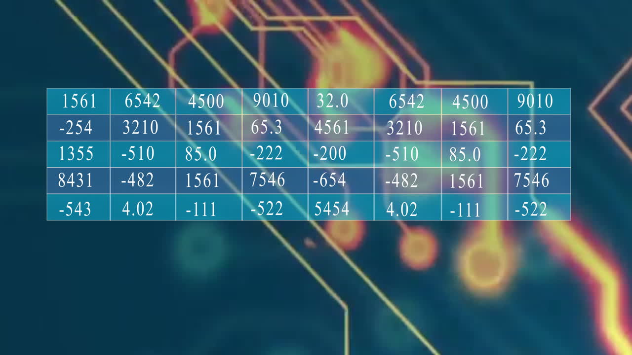 Numbers on data table over glowing lines and digital circuit background in animation