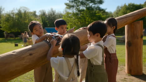 children engaged in outdoor activity with a wooden log