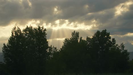 the sun streaming through the clouds above the tree line in walden ponds near boulder, colorado, usa
