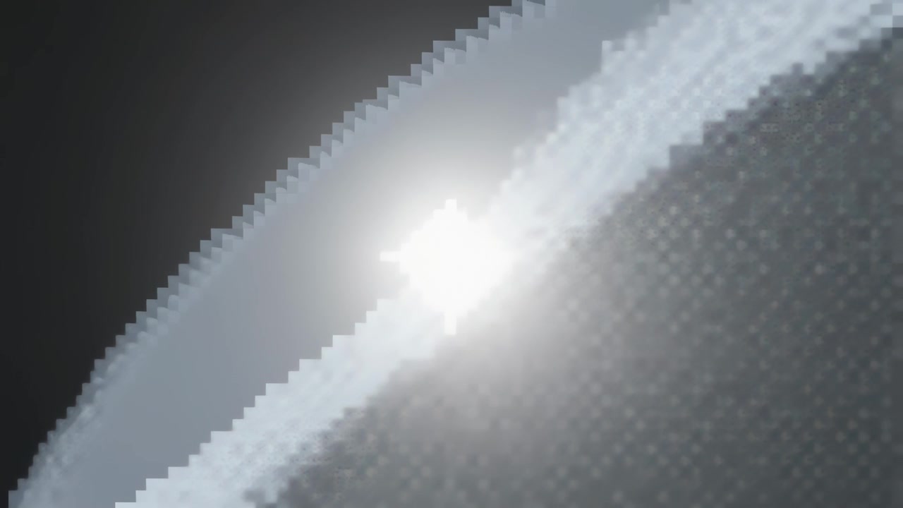 Lys solflamme dukker op og flimrer over planetens horisont i rummet, viser glorie og pixelering.