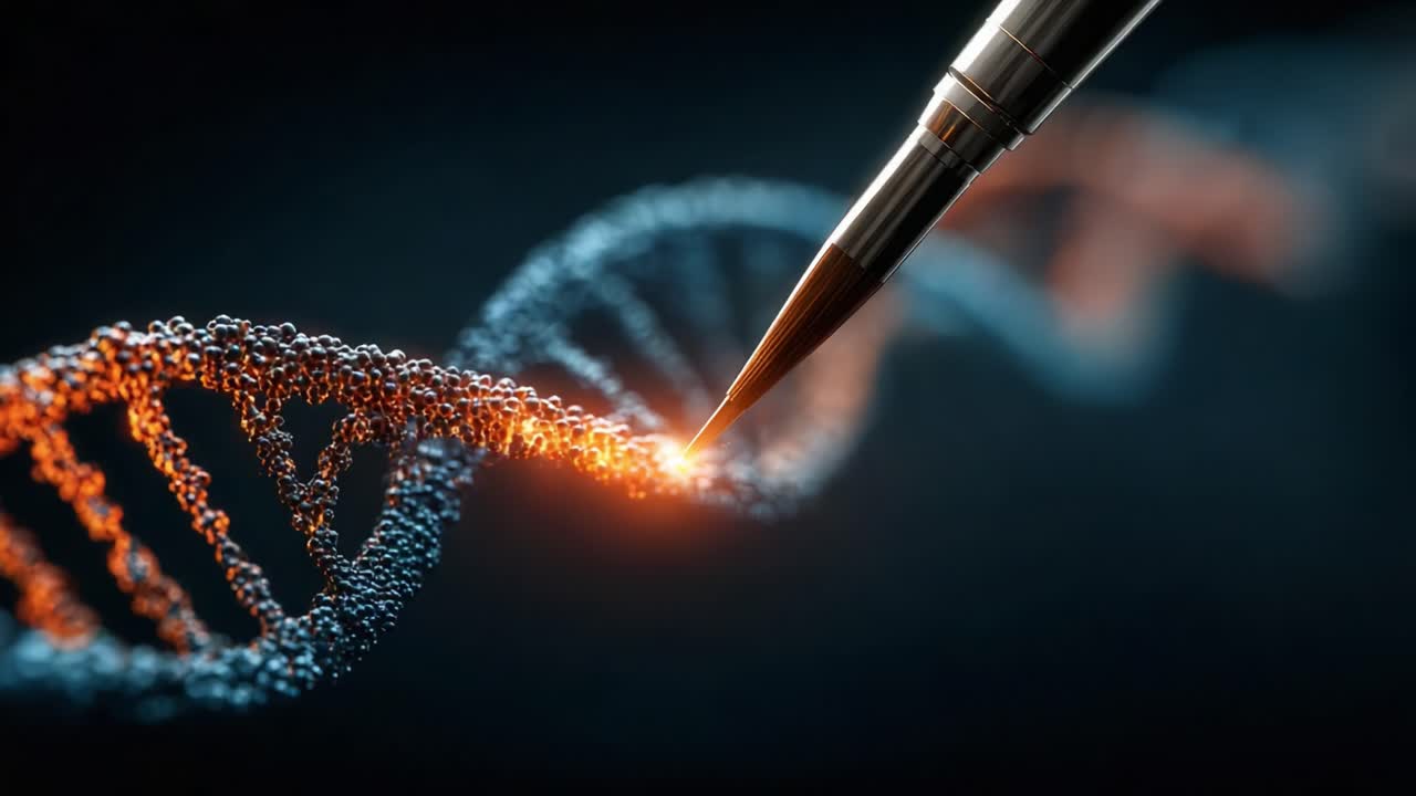 Exploring the Intricacies of Genetic Engineering: A Close-Up View of DNA's Double Helix Structure Being Manipulated by a Precision Tool