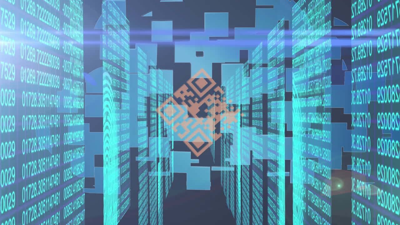 Animation of looped orange QR code with blue squares floating over tunnel