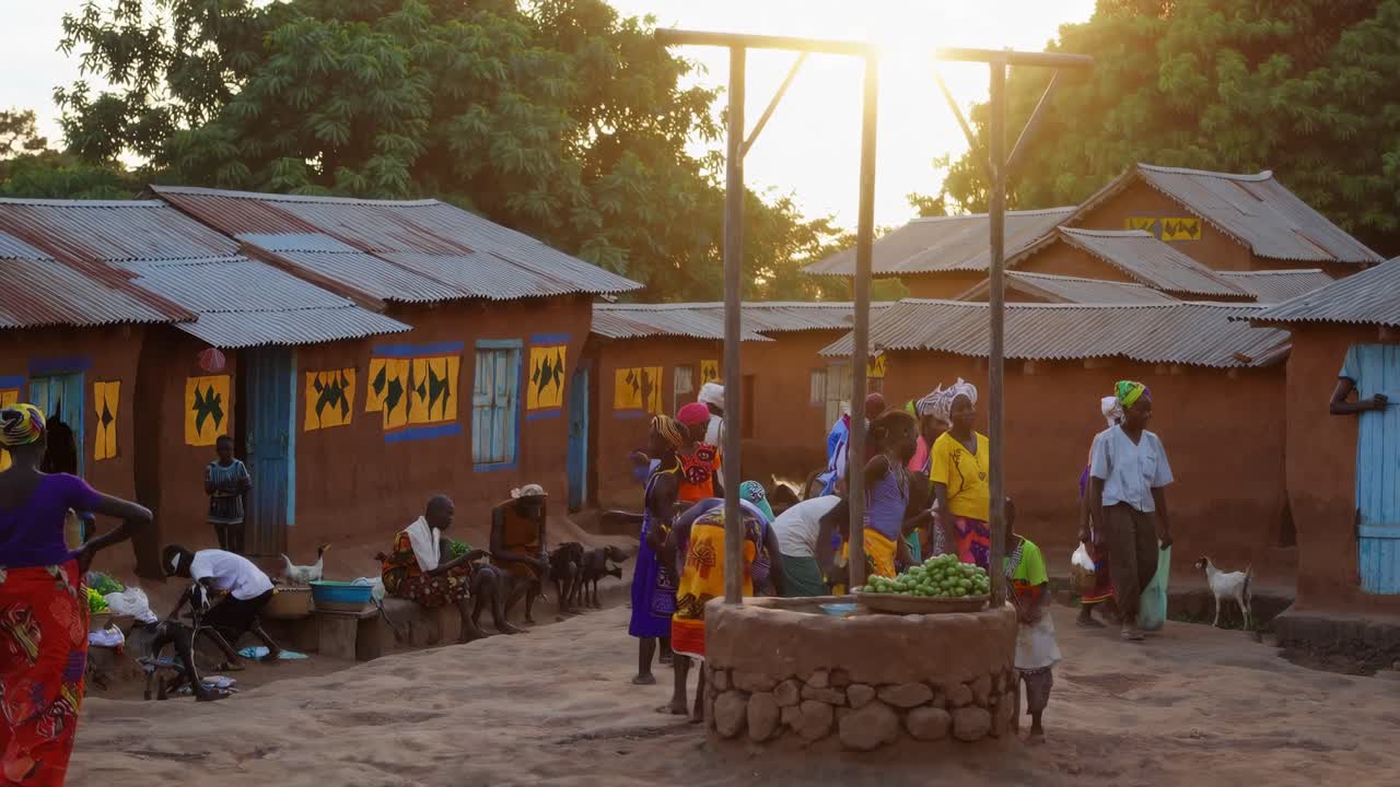 A vibrant village scene at sunset, captured from a wide-angle view, showcasing daily life