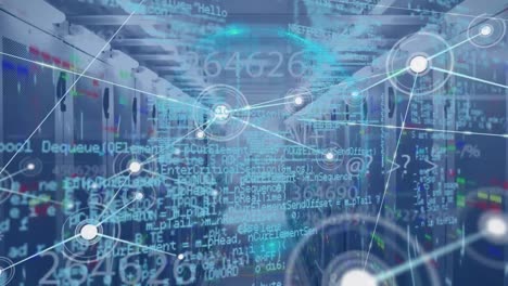 animación de puntos conectados, lenguaje informático, números, globo sobre la sala del servidor de datos