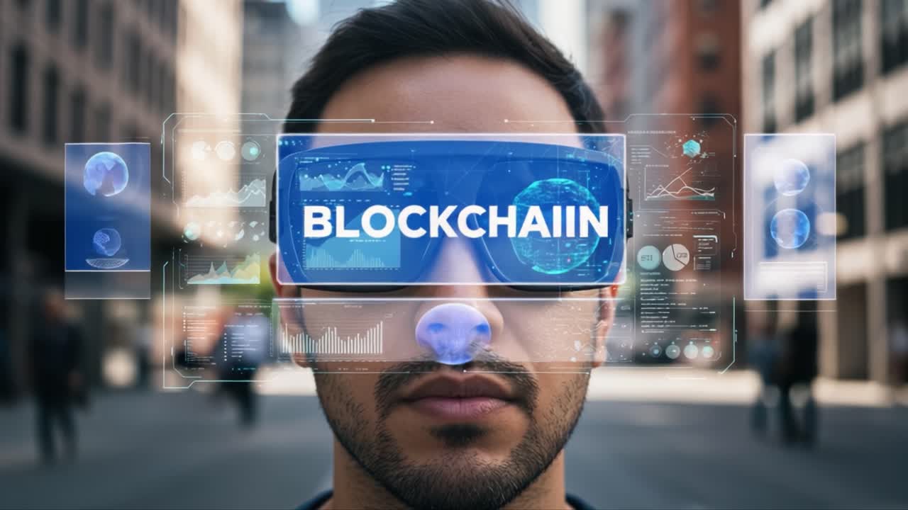 A Man Wearing Advanced Augmented Reality Glasses Displaying Complex Blockchain Visualizations and Data Metrics on a City Street