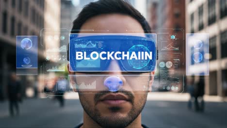 a man wearing advanced augmented reality glasses displaying complex blockchain visualizations and data metrics on a city street