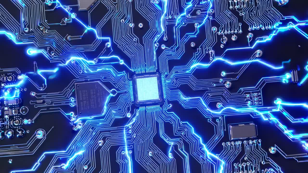 Top-down view of a glowing circuit board with blue neon lines, resembling a futuristic tech video