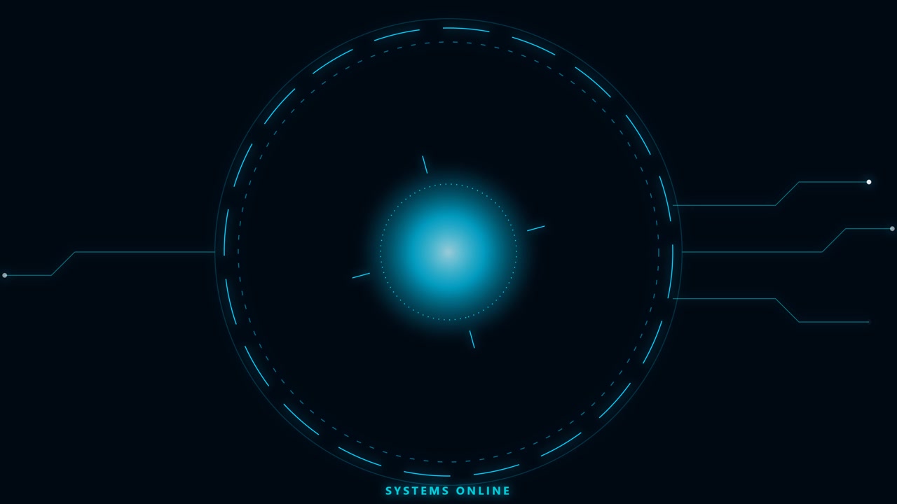 Digital HUD Interface with Glowing Blue Core and Rotating Circular Elements