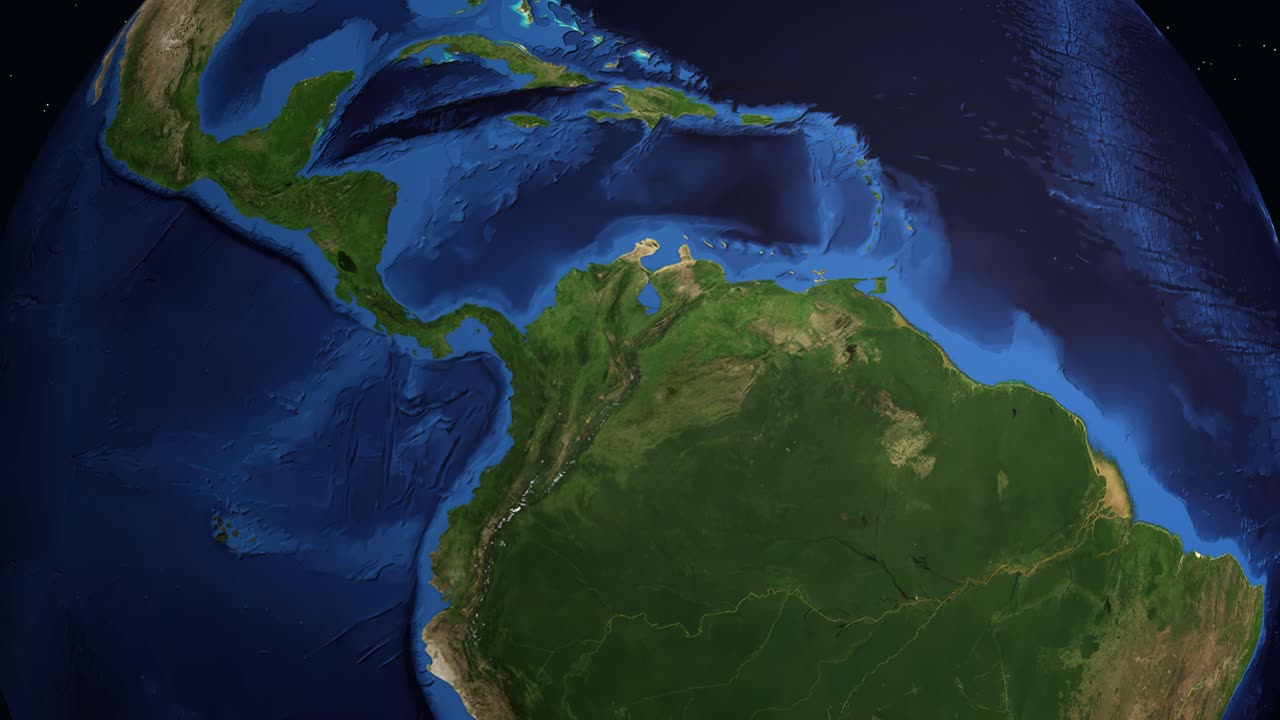 Digital animation zooms from space into Bucaramanga, Colombia, displaying population statistics over satellite imagery