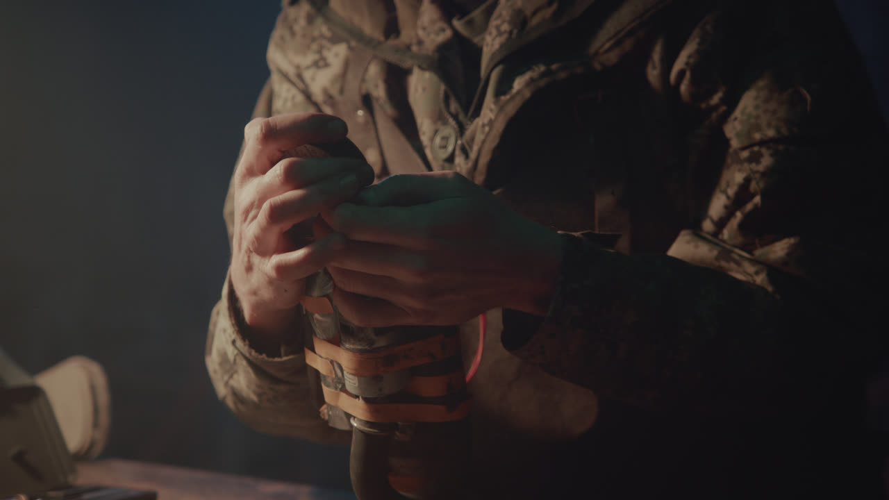 A bombmaker assembles a bomb in his workshop at night