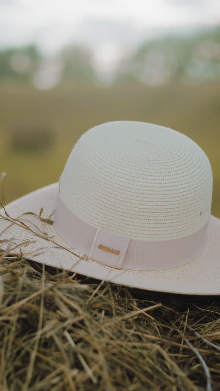 elegante sombrero de sol blanco descansa en la bala de heno mientras que la niña de color rosa se rasca la pierna, sosteniendo una flor, la cálida luz del sol baña el campo, con árboles borrosos en la distancia