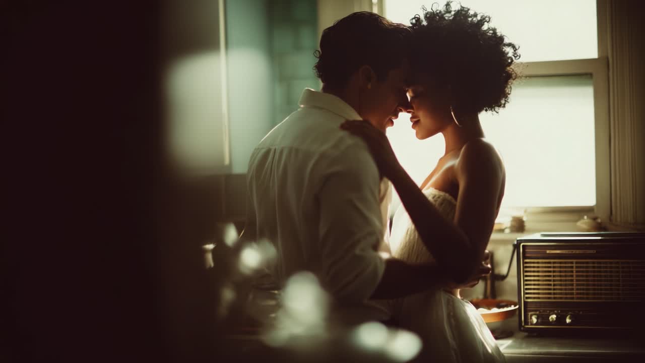 Intimate Moment Between Two People in a Softly Lit Kitchen, Capturing the Essence of Love, Connection, and Tenderness in an Elegant and Emotional Scene