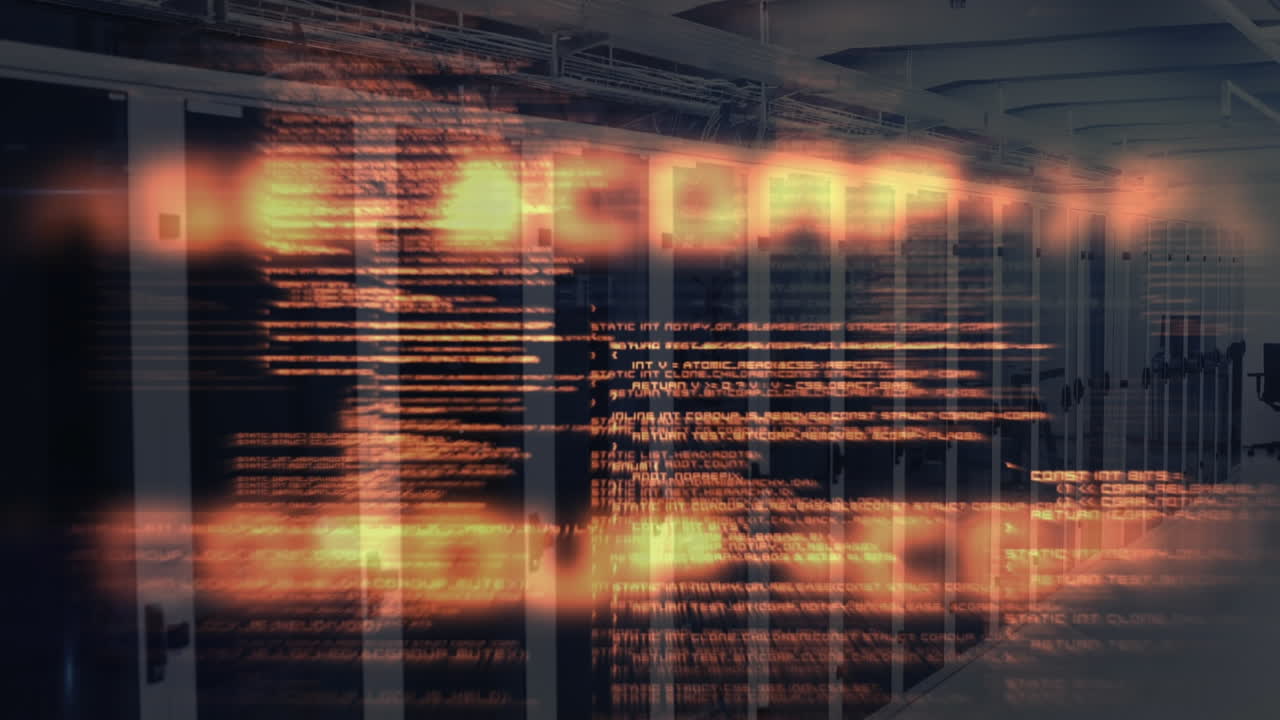 Animation of illuminated computer language against server room in background