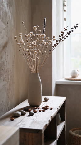 rustic still life with dried flowers and almonds