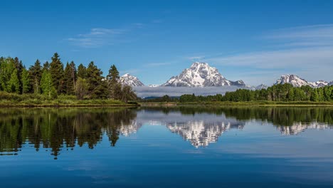 Lapso-De-Tiempo-De-Las-Nubes-Que-Fluyen-A-Lo-Largo-De-Una-Enorme-Montaña-Cubierta-De-Nieve-En-Un-Hermoso-Lago-Espejo-Reflectante-Con-Pinos-Forestales-En-El-Parque-Nacional-Grand-Teton,-Wyoming,-Estados-Unidos