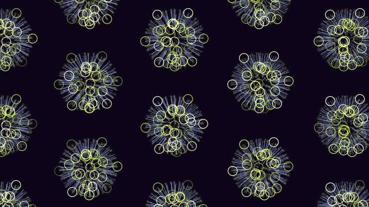 Futuristic neon abstract rings and lines pattern on dark space