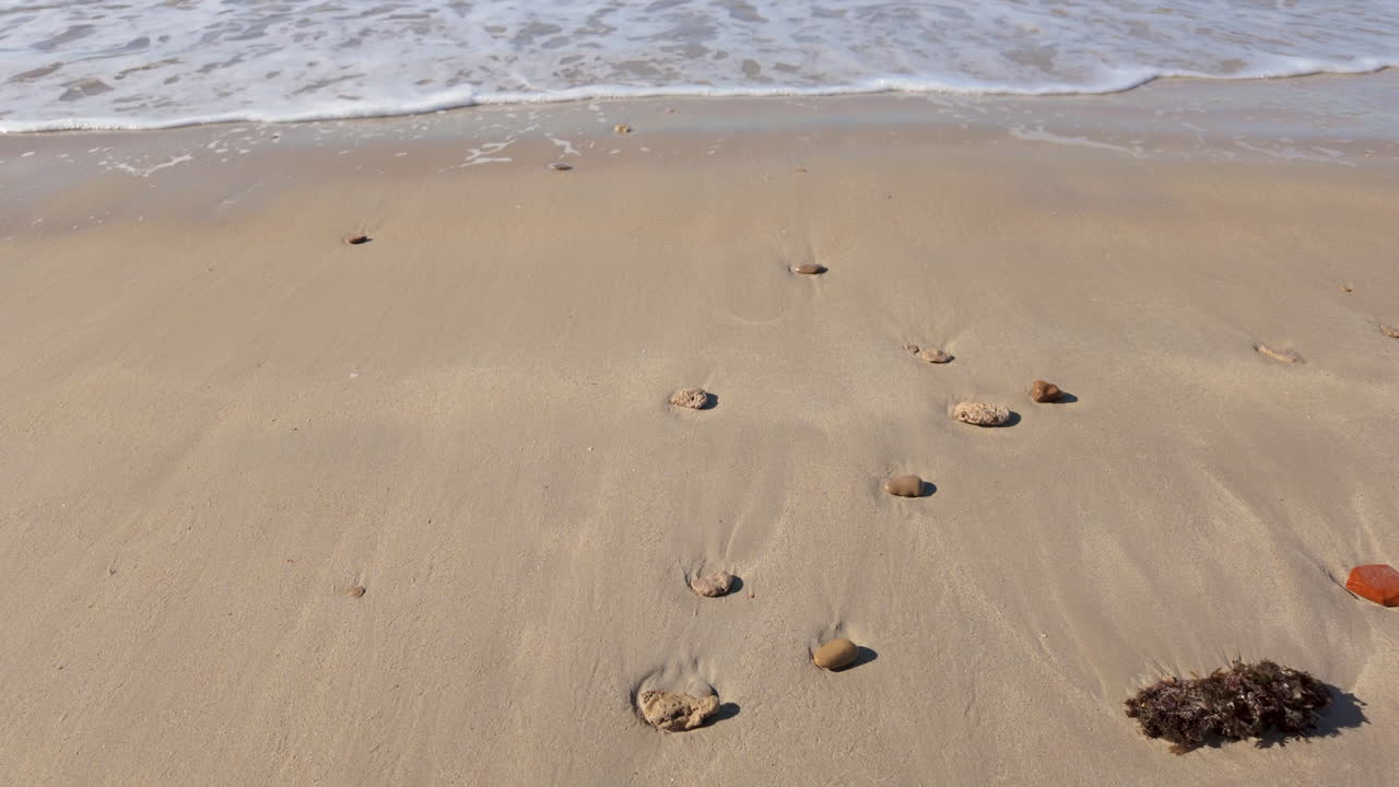 바다로 이어지는 순수한 모래 해변에서 발자국 흔적