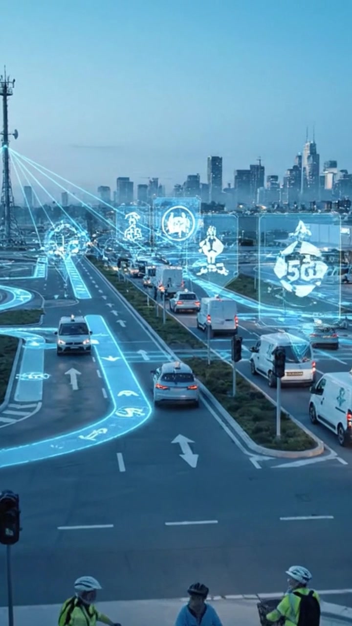 Paesaggio urbano futuristico con sistemi intelligenti di gestione del traffico e ciclisti, che evidenzia l'integrazione della tecnologia nell'infrastruttura urbana moderna.