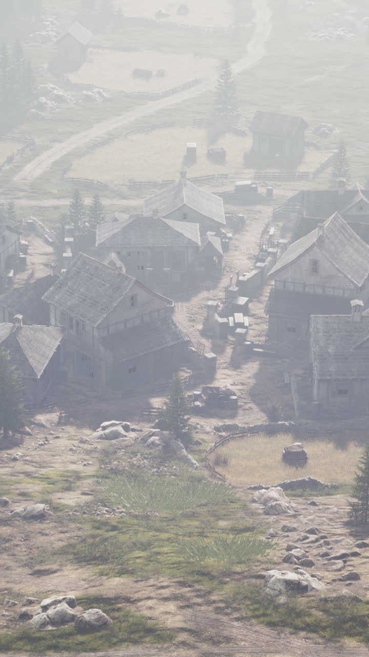 un pueblo medieval con niebla en un entorno de fantasía