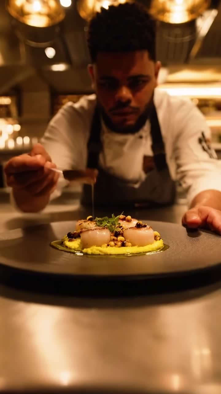 Un video dinamico che riprende chef in azione da un'angolazione bassa in una cucina affollata e illuminata da luce calda.