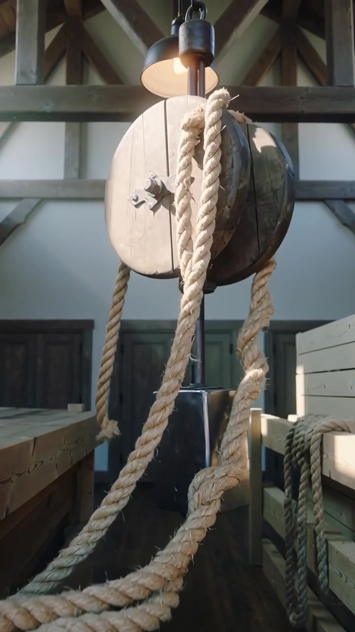 Video verticale: Corda che scorre facendo ruotare una carrucola di legno e abbassando un peso sotto una lampada in un loft.