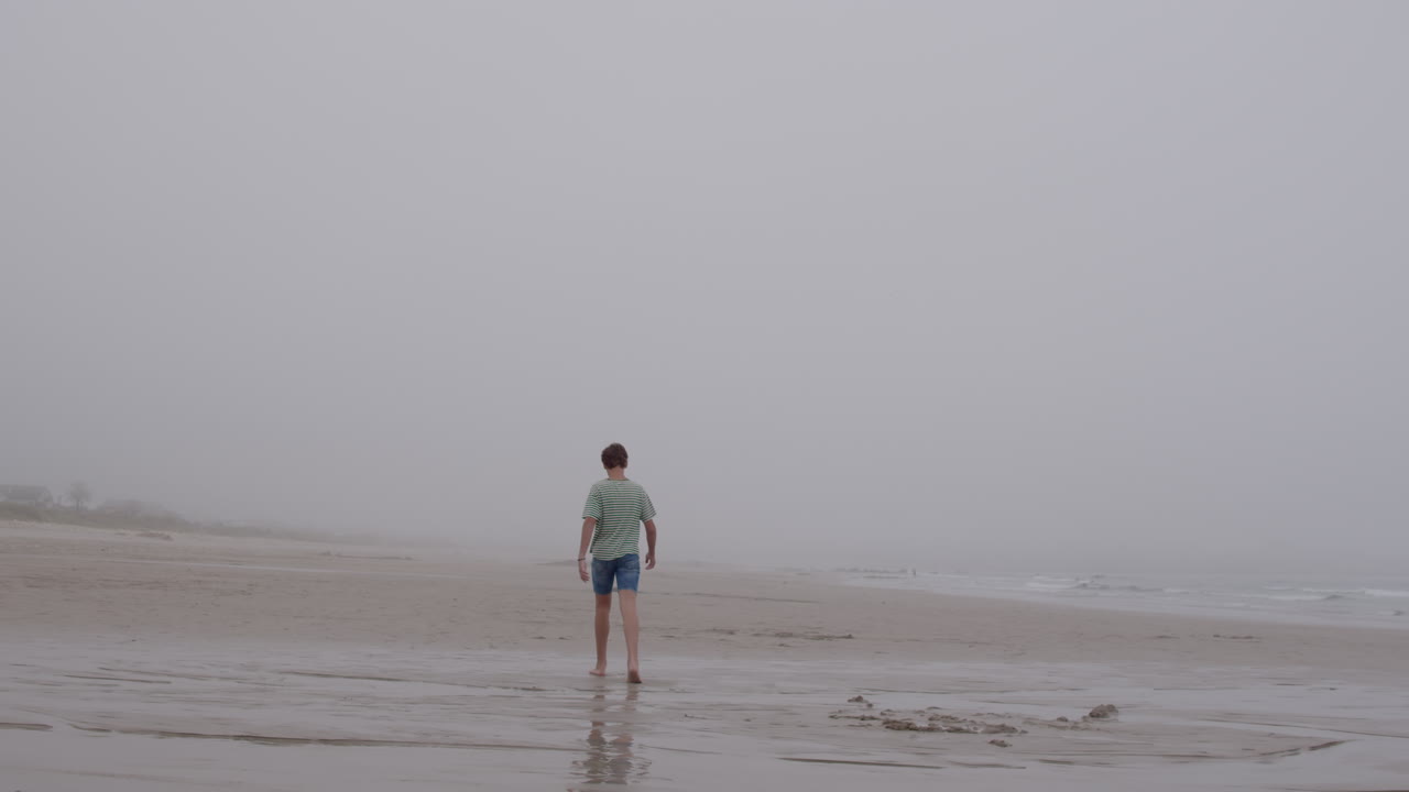 un niño caminando por una playa de niebla.