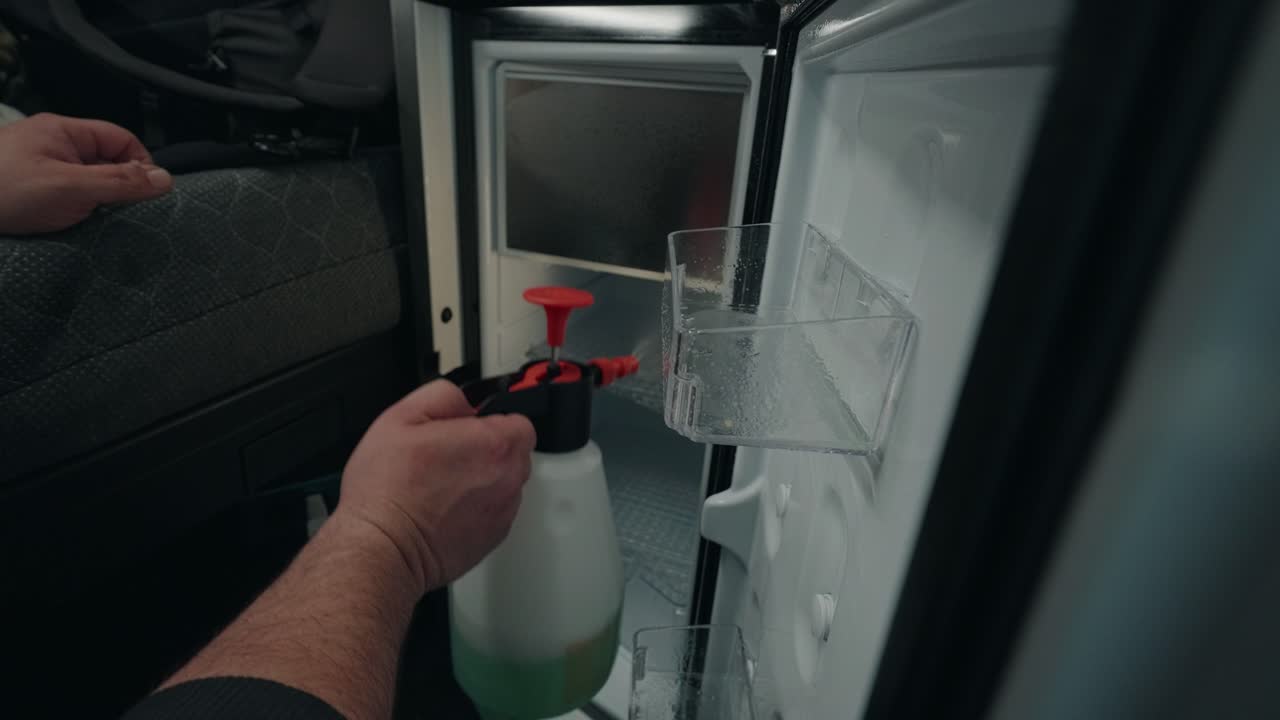 limpieza del interior del camión móvil como un hombre irreconocible limpia meticulosamente el refrigerador usando un spray de limpieza especializado