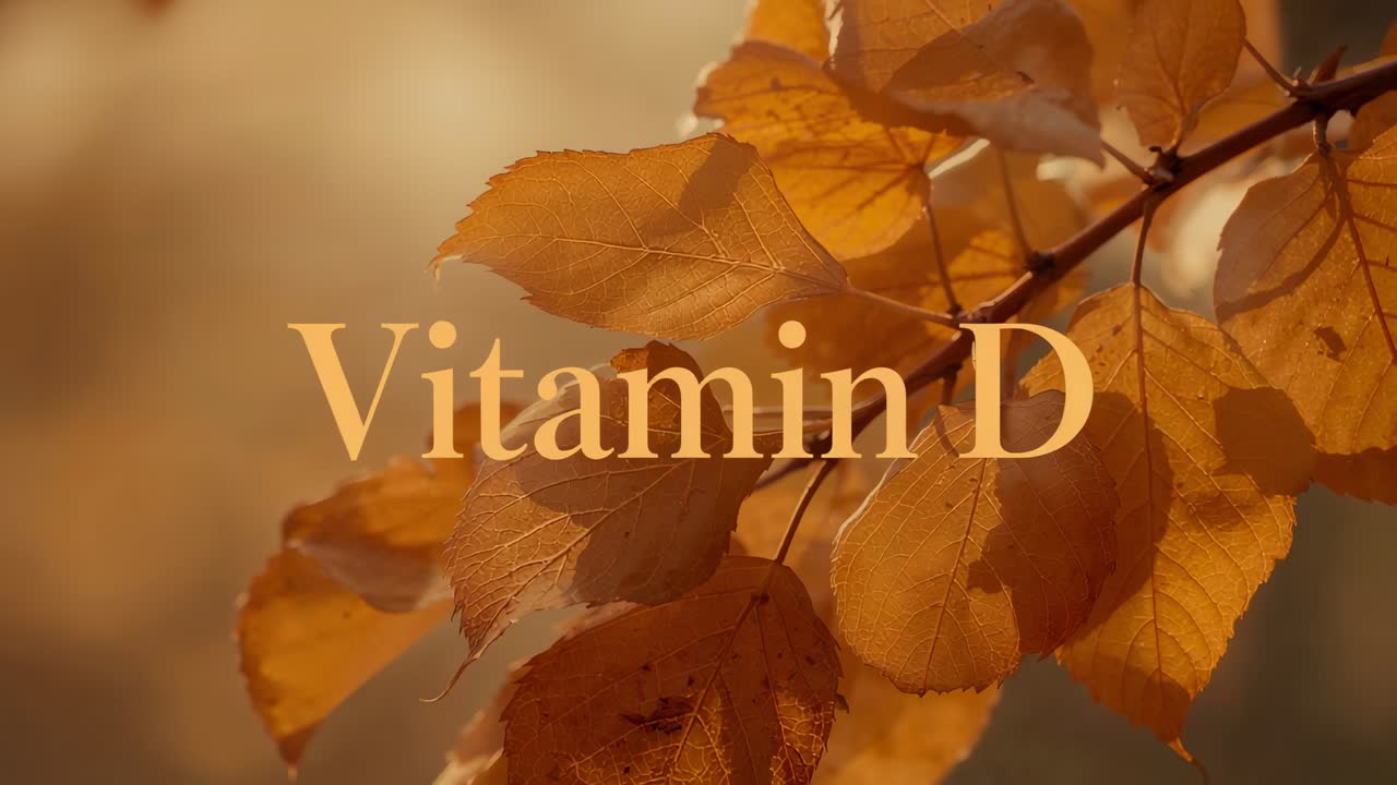 Shifting amber leaf cluster moving on branch in fall breeze serif "Vitamin D" fading showing leaves