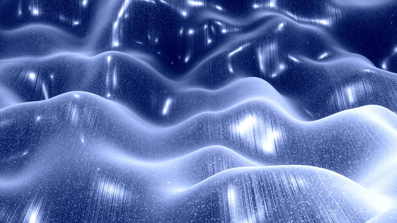 Stylish festive black bg. Fantastical abstract looped background, waves move on glossy surface like landscape made of liquid blue wax with sparkles. Beautiful soft background with smooth animation 4k