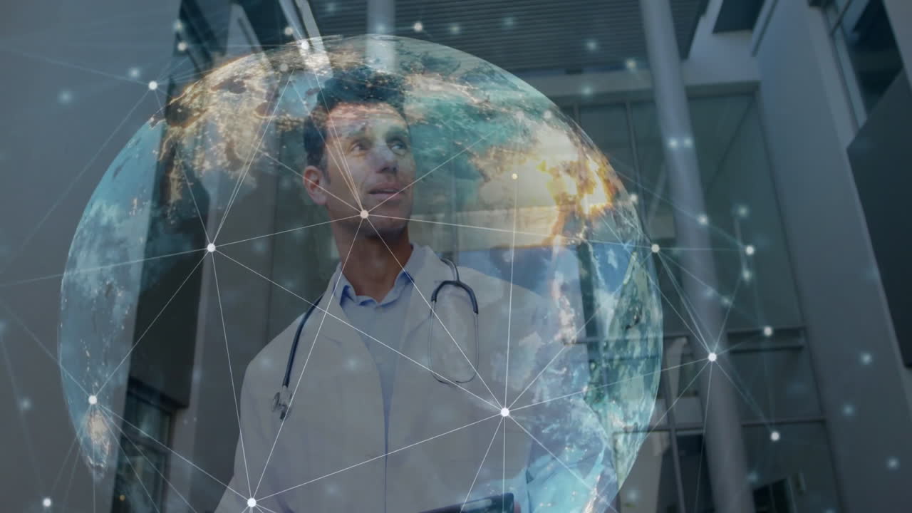 Doctor in white coat with stethoscope examining animation of digital globe network