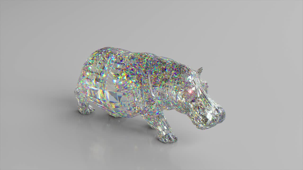 산책하는 다이아몬드 히포포타무스: 자연과 동물의 개념, 낮은 폴리, 색, 3d 애니메이션