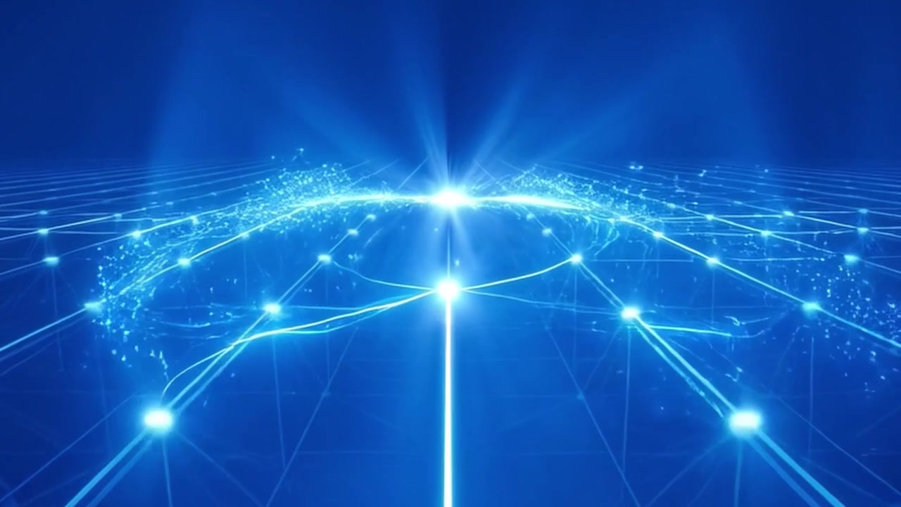 Digital Network Grid with Glowing Data Nodes and Energy Pulse
