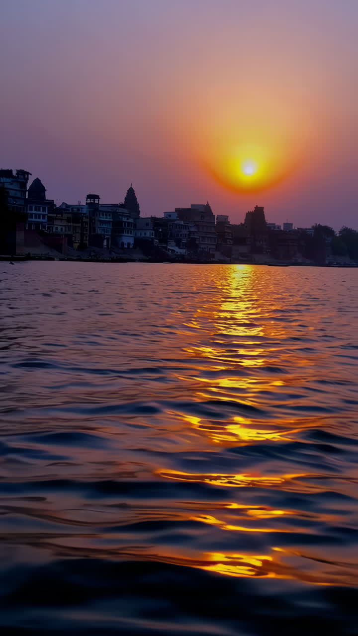 Golden Sunset Reflection on the Ganges River in Varanasi