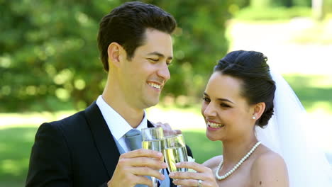 felices recién casados brindando con champán