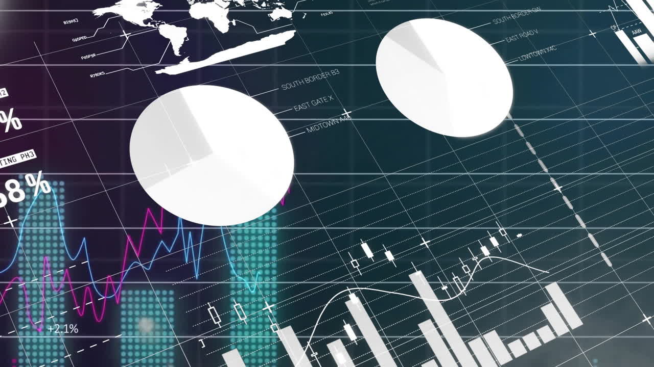 Animation of financial data processing over grid on dark background