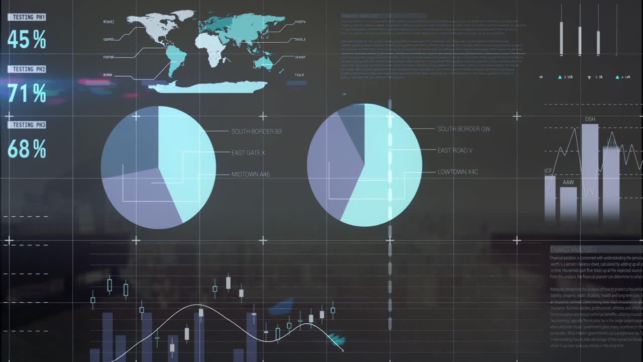 animación del procesamiento de datos estadísticos frente a una vista aérea del paisaje urbano