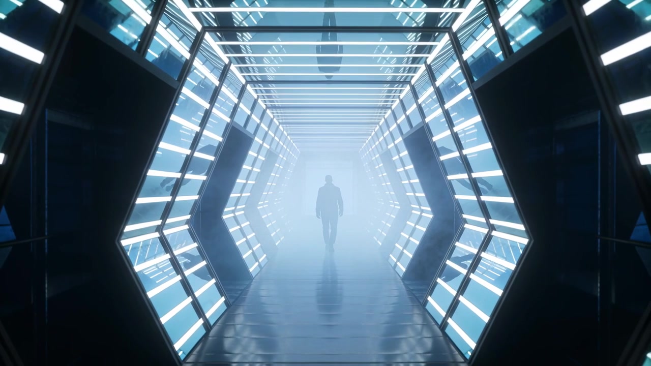 Luci che si accendono su un uomo che cammina con determinazione verso la telecamera lungo un corridoio esagonale, barre LED, foschia.