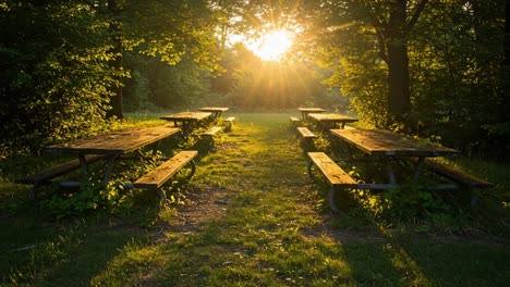A Serene Sunset Illuminating Picnic Tables in a Lush Green Park, Casting Beautiful Light Through Trees and Creating a Tranquil Outdoor Atmosphere