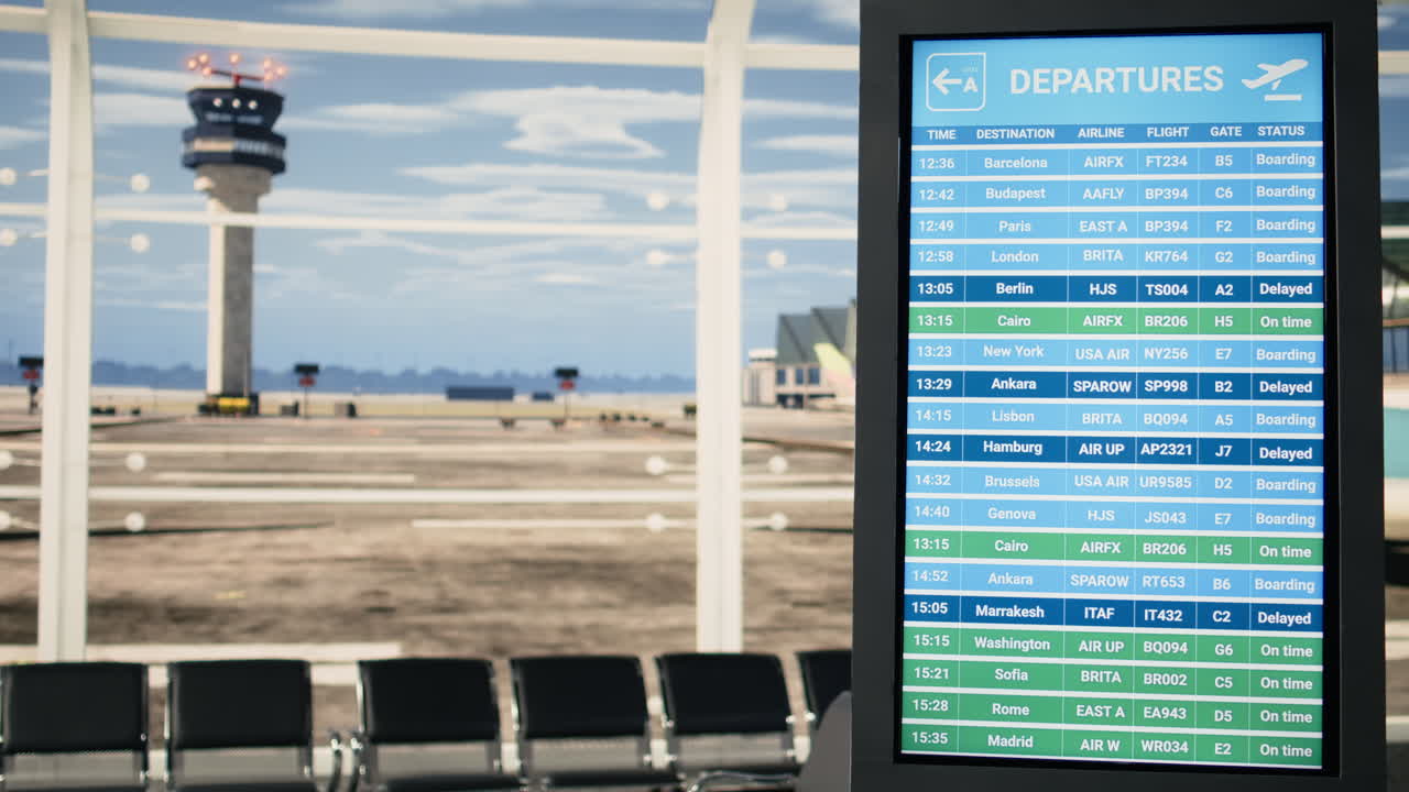 Sala de embarque de aeropuerto vacía con pantalla digital mostrando información de vuelos