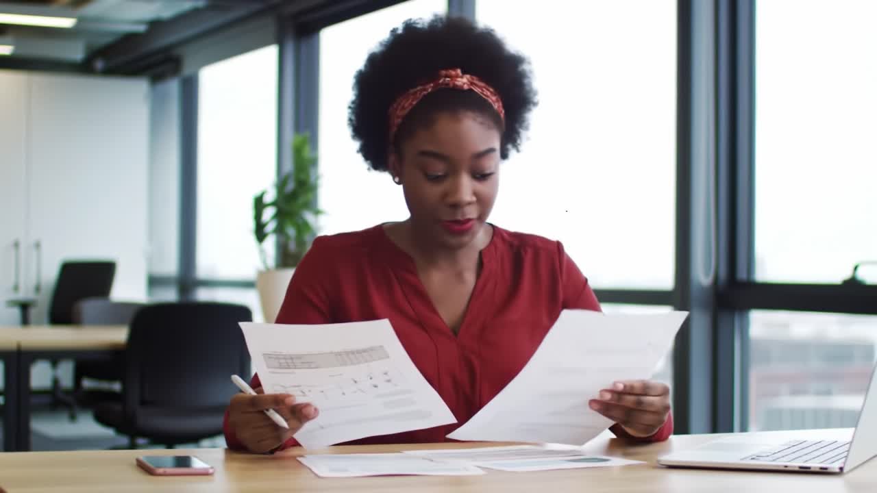A woman in a red blouse evaluates important papers at a sleek desk in a contemporary office environment. She appears concentrated while surrounding daylight illuminates the space.
