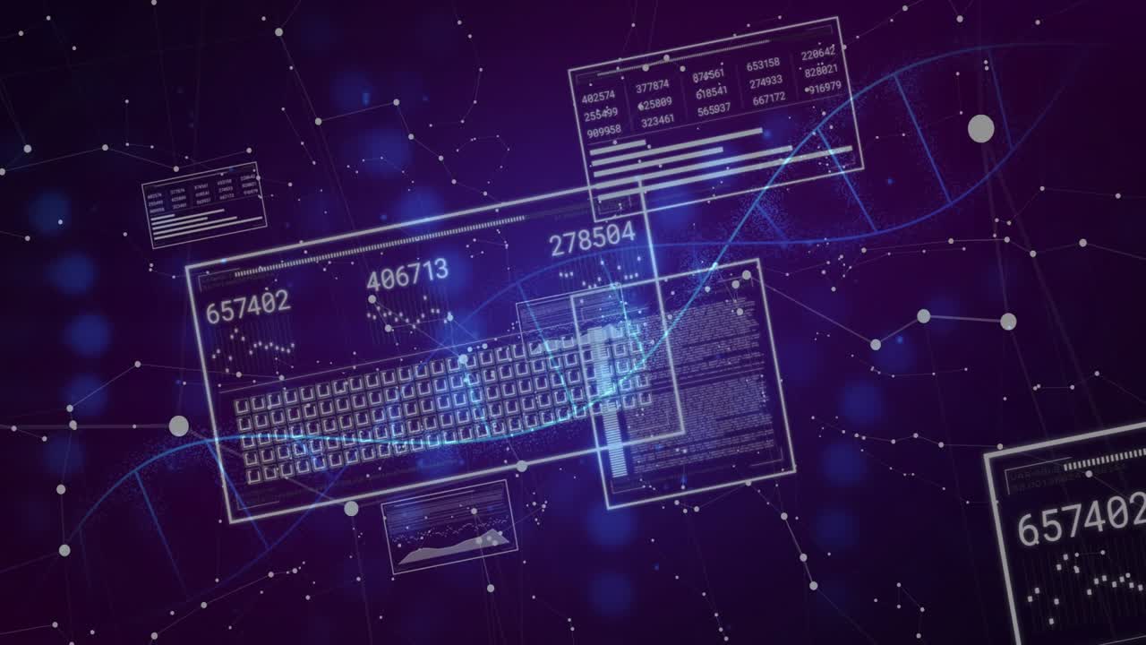 Blå bølgeform starter en sveip og treffer sentralt tastaturrutenett, panel oppdaterer tall som viser data