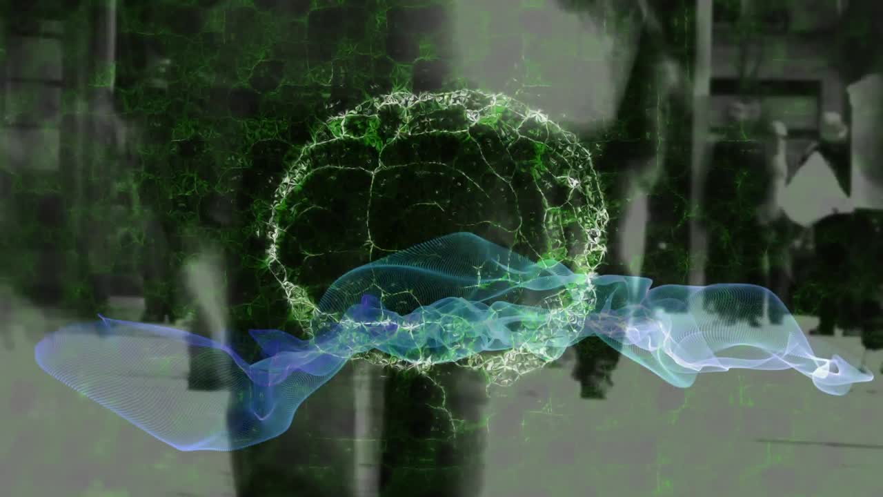 빠른 움직임으로  ⁇ 고 있는 사람들 위에서 회전하는 인간의 뇌의 애니메이션