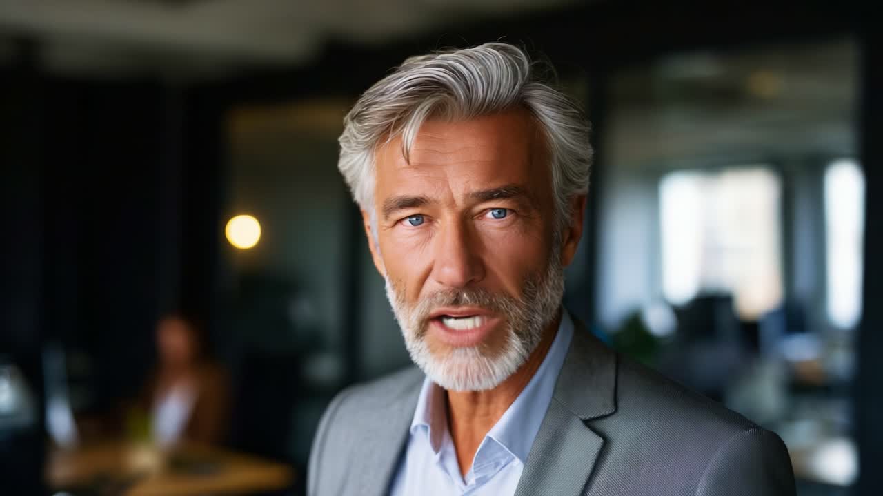 Confident Senior Businessman Engaging with Audience in Modern Office Environment, Exuding Authority and Wisdom through Focused Expressions and Professional Attire